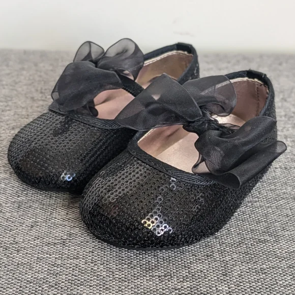 🆕 Stuart Weitzman Baby Bling Black Sparkly Sequin Shoes Organza Bow Size 3 - Picture 2 of 9